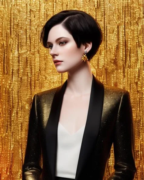 Portrait of a beautiful pale skin Nordic female with short black hair, elegant, photorealistic, highly detailed, artstation, smooth, sharp focus, gold ornaments, neon lighting, sci-fi, art by Klimt.