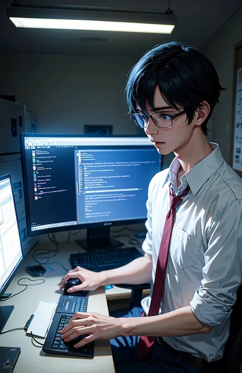 there is a man sitting at a desk with two computer monitors