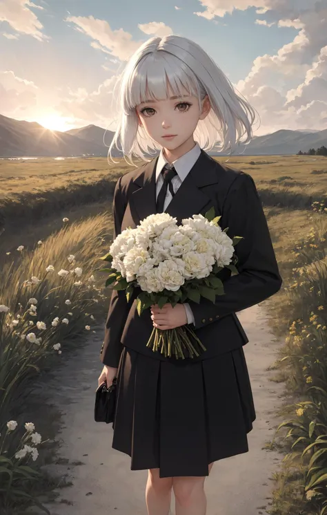 anime girl with white hair and black dress holding flowers