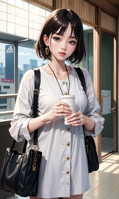 anime girl with a cup of coffee and a purse