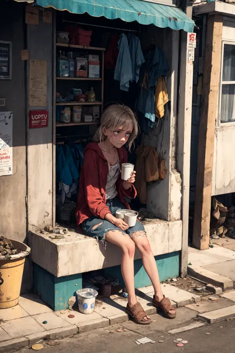 there is a woman sitting on a bench outside of a store