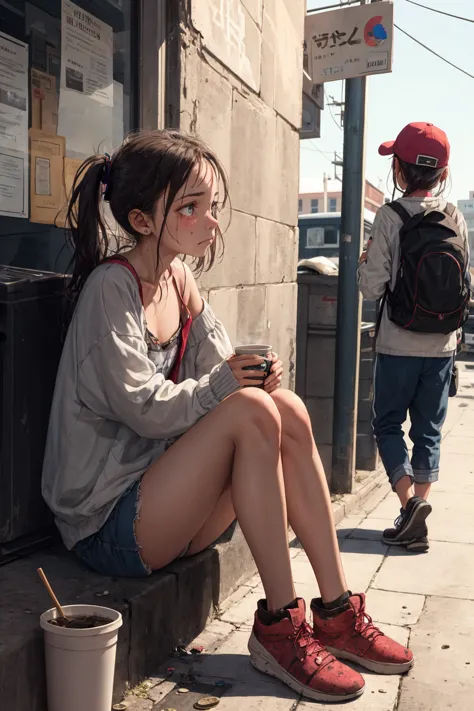 A young girl sits on the side of the street, her dirty clothes barely covering her thin frame. She holds out a small cup with a few coins in it, hoping for the generosity of passersby. Her eyes are downcast, filled with sadness and desperation. She looks around nervously, avoiding eye contact with those who walk by. The city bustles around her, but she remains isolated and alone in her poverty.