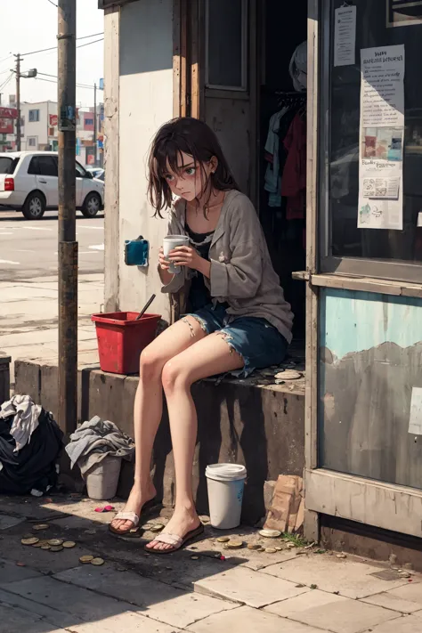 araffe sitting on a bench outside a building with a cup of coffee