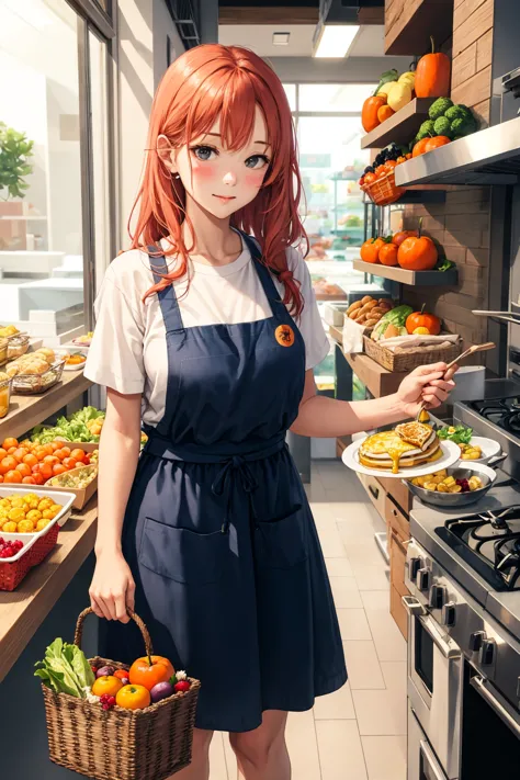 anime girl in a kitchen with a basket of food