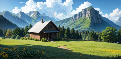 there is a painting of a cabin in the mountains with a mountain range in the background