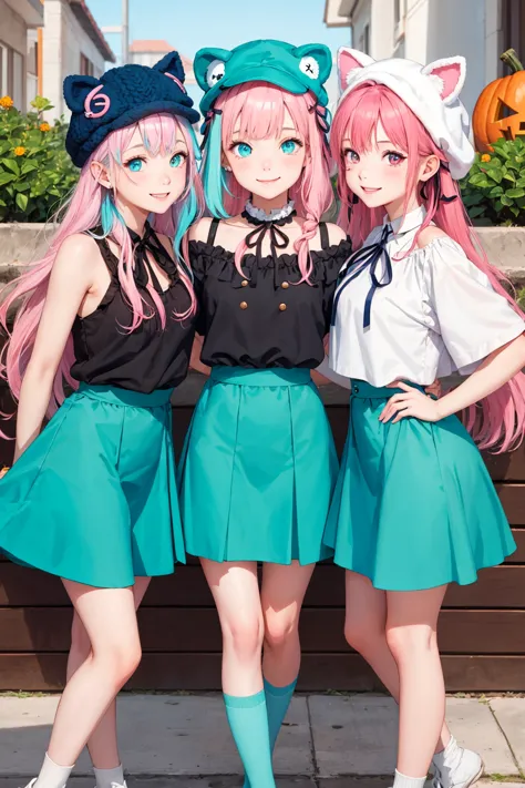 three girls in short skirts and cat ears pose for a picture