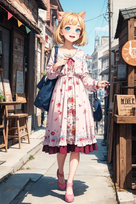 anime girl in a pink dress and pink shoes walking down a street