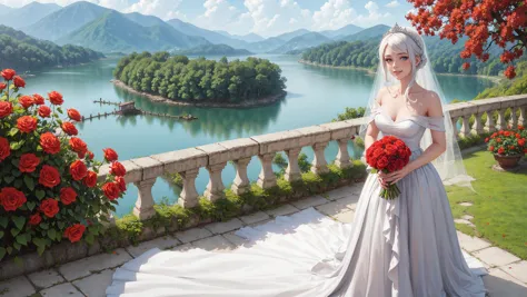 bride in a wedding dress standing on a balcony overlooking a lake