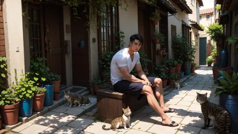 masterpiece, best quality, 1 male, handsome, tall muscular guy, very short hair, best ratio four finger and one thumb, best light and shadow, background is back alley, detasiled sunlight, sitting, Little cats are gathered next to him, dappled sunlight, day, depth of field, plants, summer