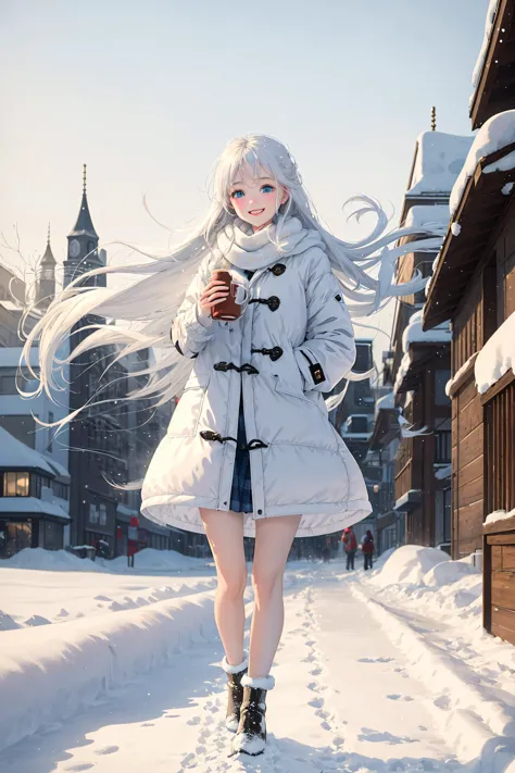 anime girl in winter coat walking down snowy street with coffee