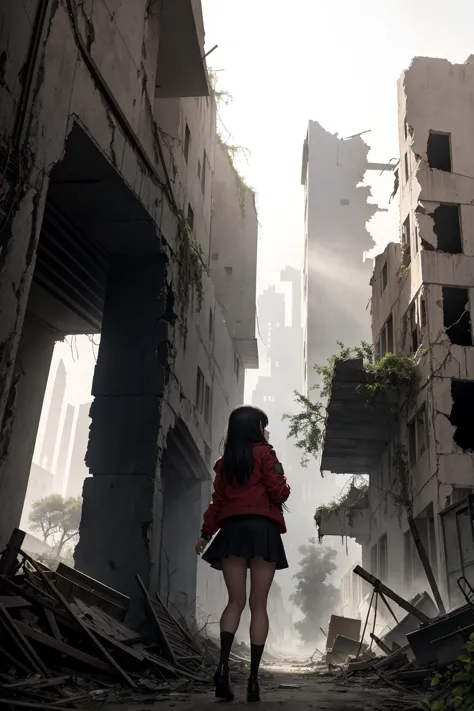 arafed woman walking through a ruined city with a red jacket