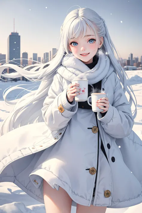 anime girl with long white hair holding a cup of coffee