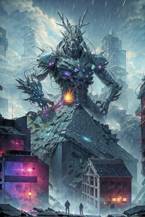 a man standing on top of a building next to a giant robot