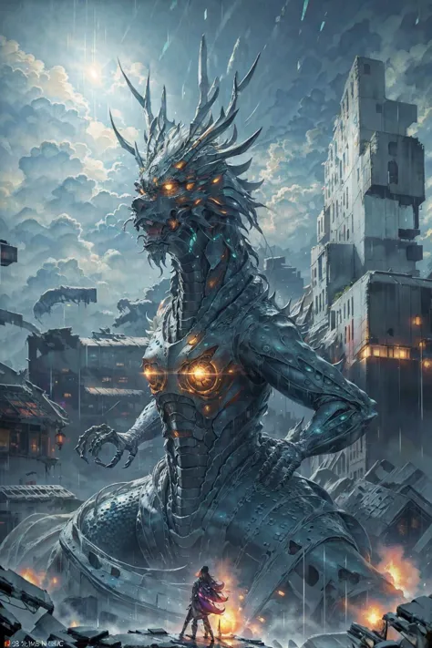 a man standing on top of a giant godzilla statue in a city