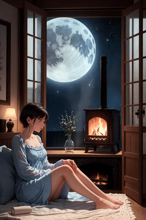 woman sitting on bed in front of window with full moon