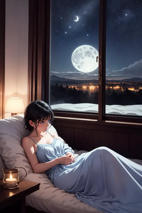 there is a woman laying in bed looking out a window at the moon