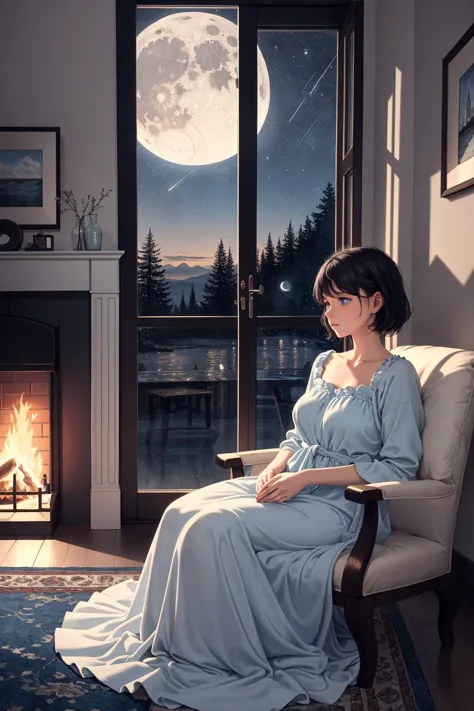 a woman sitting in a chair in front of a window with a full moon