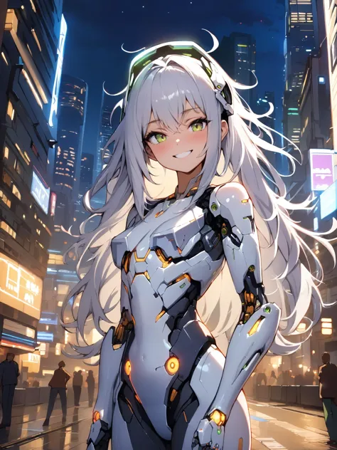 a woman in a futuristic suit standing in a city at night