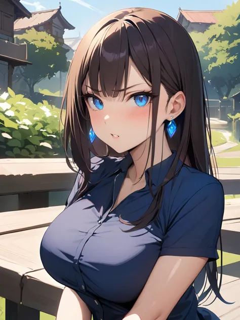 anime girl with blue eyes and long hair sitting on a bench