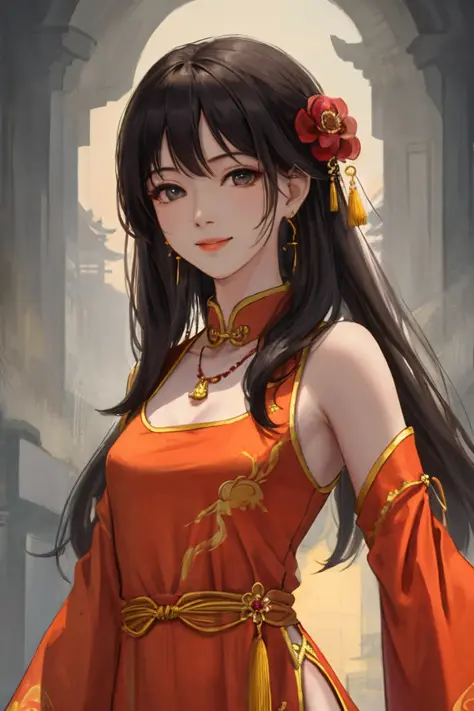 best quality, masterpiece, highres, 1girl,china dress,Beautiful face, hair ornament, solo,looking at viewer,smile,closed mouth,lips, dress,hair ornament, necklace, jewelry, long hair, earrings, chinese clothes, architecture,east asian architecture, small breasts, (arms at sides:1.2), upper body, closed mouth,