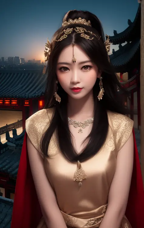 best quality, masterpiece, highres, 1girl,china dress,Beautiful face,
hair ornament, solo,looking at viewer,smile,closed mouth,lips,
china dress,dress,hair ornament, necklace, jewelry, long hair, earrings, chinese clothes,
architecture,east asian architecture,building,outdoors,rooftop,city,cityscape,
dark studio, rim lighting, two tone lighting, dimly lit, low key
 <lora:GuoFeng3.2_Lora_light:1.5>