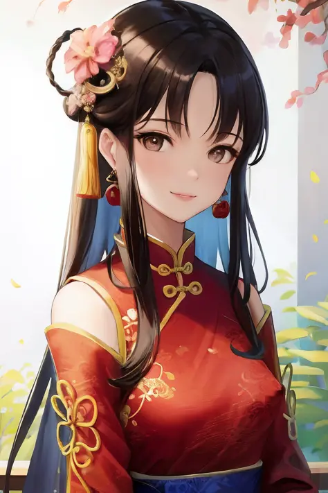 best quality, masterpiece, highres, 1girl,china dress,Beautiful face, hair ornament, solo,looking at viewer,smile,closed mouth,lips, dress,hair ornament, necklace, jewelry, long hair, earrings, chinese clothes, architecture,east asian architecture, small breasts, (arms at sides:1.2), upper body, closed mouth, nsfw, covered nipples,  realistic,