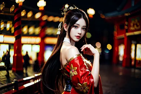 (the tang dynasty),photorealistic,realistic, solo,photorealistic, best quality, ultra high res, outdoor, colorful, joyful expression, long hair, ponytail, cute headband, looking back over shoulder, Tang Palace in backgroud, night time setting, beautiful, masterpiece, best quality, extremely detailed face, perfect lighting, solo,1girl, best quality, ultra high res, photorealistic, ultra detailed, masterpiece, best quality,