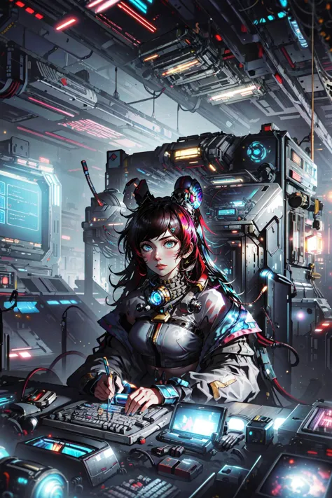 a woman in a futuristic space station with a keyboard and a monitor