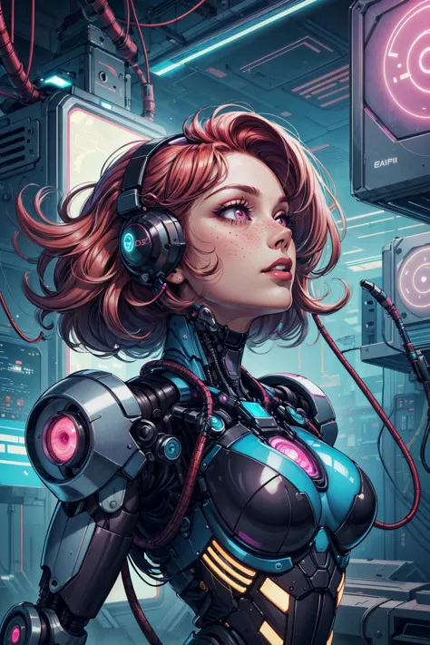 a woman in a futuristic suit with headphones and a neon sign