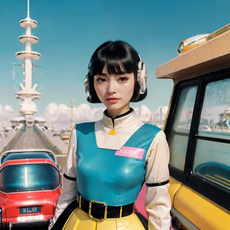 araffe in a yellow dress standing in front of a car