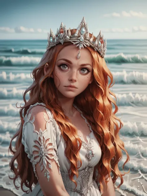 a woman with long red hair wearing a tiable and a crown