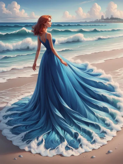 a painting of a woman in a blue dress standing on the beach