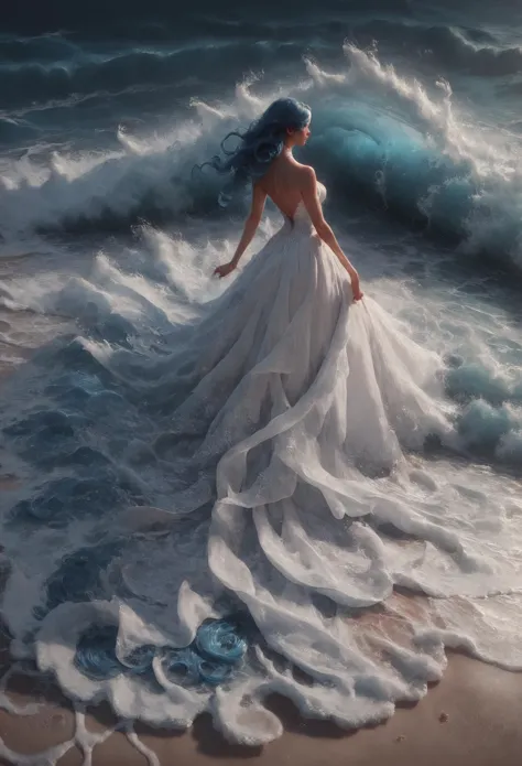 a woman in a white dress standing on a beach next to the ocean