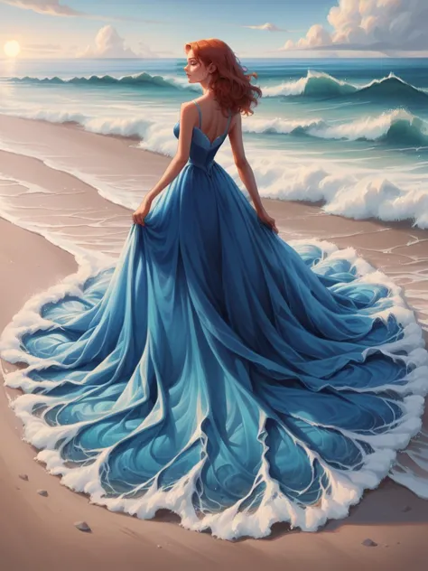 a woman in a blue dress standing on the beach