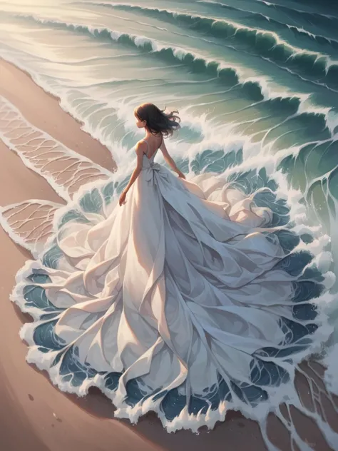 a painting of a woman in a white dress walking on the beach