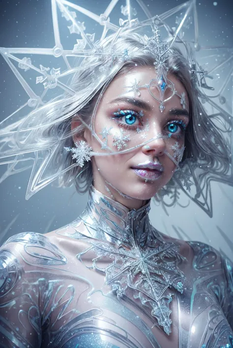 otherworldly analog photo a (dynamic pose:1.2), (dynamic camera), (Scandinavian smile a woman with a face painted with a swirl pattern, glittering diamond star tiara), posing for fashion, (long silver hair that flows like a river, wind floating hair), snowflake, (intricate snowflakes volumetric abstract background:1.3), in the style of intimacy, dreamscape portraiture, solarization, shiny kitsch pop art, solarization effect, reflections and mirroring, photobash, (composition centering, conceptual photography), (natural colors, correct white balance, color correction, dehaze, clarity), detailed textures, photography, detailed photography, photoshadow, <lora:Snowflakes-V1:0.5> <lora:add_detail:0.25> <lora:beautiful eyes:0.5>