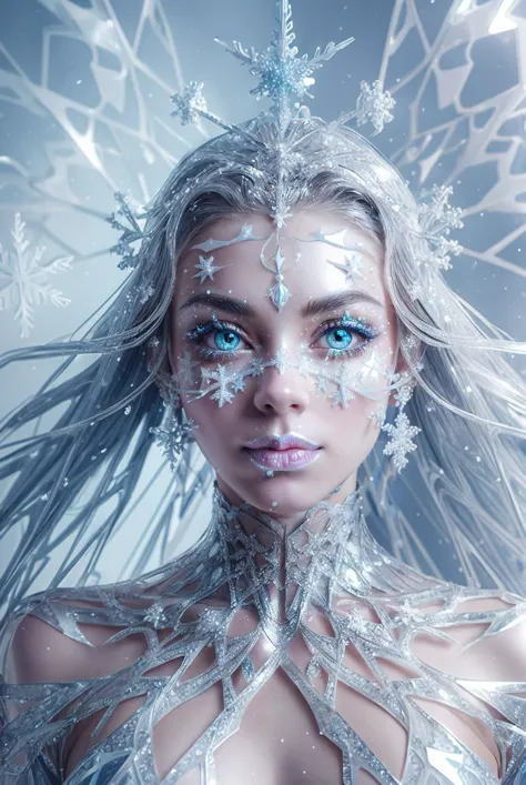 otherworldly analog photo a (dynamic pose:1.2), (dynamic camera), (Scandinavian smile a woman with a face painted with a swirl pattern, glittering diamond star tiara), posing for fashion, (long silver hair that flows like a river, wind floating hair), snowflake, (intricate snowflakes volumetric abstract background:1.3), in the style of intimacy, dreamscape portraiture, solarization, shiny kitsch pop art, solarization effect, reflections and mirroring, photobash, (composition centering, conceptual photography), (natural colors, correct white balance, color correction, dehaze, clarity), detailed textures, photography, detailed photography, photoshadow, <lora:Snowflakes-V1:0.5> <lora:add_detail:0.25> <lora:beautiful eyes:0.5>