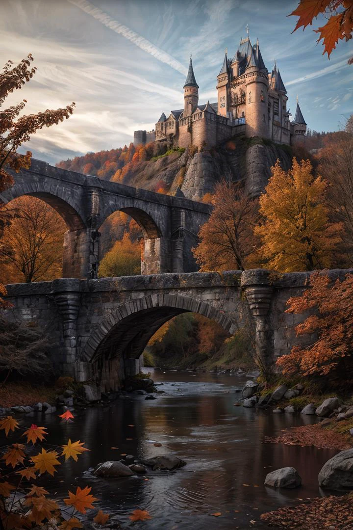 (Foto CRUDA),(otoño,un puente de piedra sobre un río con un castillo al fondo:1.3),(fondo con textura abstracta:1.2),obra maestra, calidad superior, mejor calidad, arte oficial,más detallado,profundidad de campo,bokeh,iluminación atmosférica, composición cinematográfica,temas múltiples complejos, 4k HDR, (detalles intrincados),(hiperdetallado:1.15),micro-contrast, elementos de detalle nítidos, neblina atmosférica polvorienta, texturas de materiales de alta calidad., texturas volumétricas, texturas de revestimiento, texturas metalicas