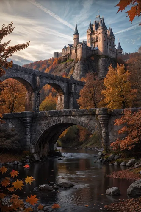 (photo RAW),(autumn,a stone bridge over a river with a castle in the background:1.3),(abstract textured background:1.2),masterpi...