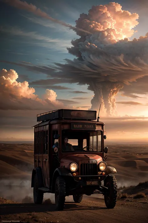 arafed vehicle driving on dirt road with a cloud in the background