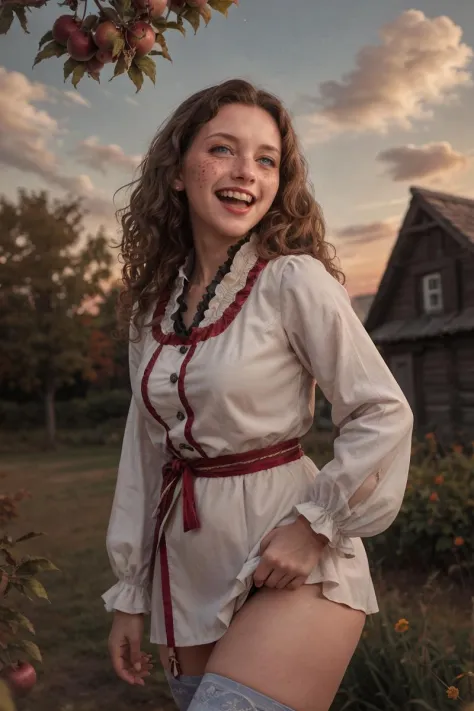 (Photo RAW),(cute young_woman laughs, freckles, blue eyes, looking to camera, solo, half shot, blooming apple tree in the garden,russian village in background, (long curly hair:1.2), (trimmed light colored, sexy, traditional costume clothes),show pattern panty,stripe stockings, (posing for image),outdoor,autumne,sunrise,(sky clouds,hdr:1.2)),highly detailed,masterpiece, top quality, best quality, depth of field,bokeh,4k