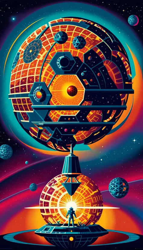 A lithograph print showing a dyson_sphere being built in outer space, (((vibrant and saturated triadic colors))) The poster is d...