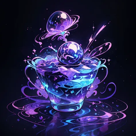 a glass of liquid with bubbles and stars on a black background