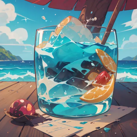 a glass filled with oceanic liquid sitting on top of a table, health potion <lora:1665813870758911754:0.7>