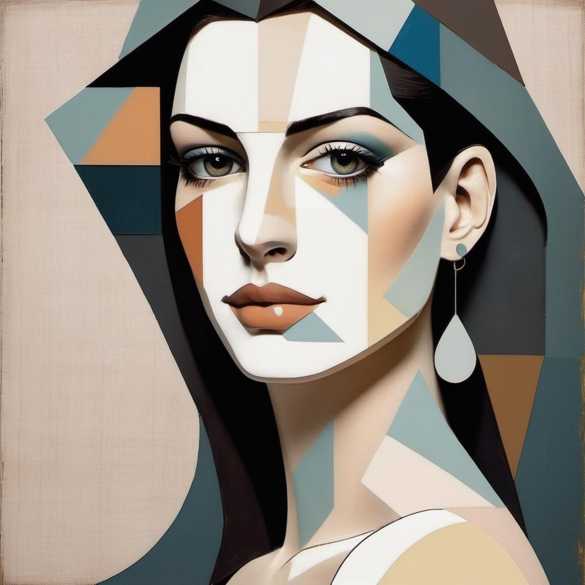 A painting of a woman with a geometric face and earrings - SeaArt AI