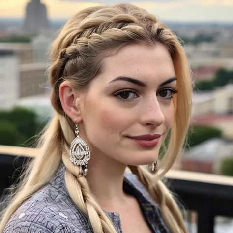 a close up of a woman with long hair wearing a braid