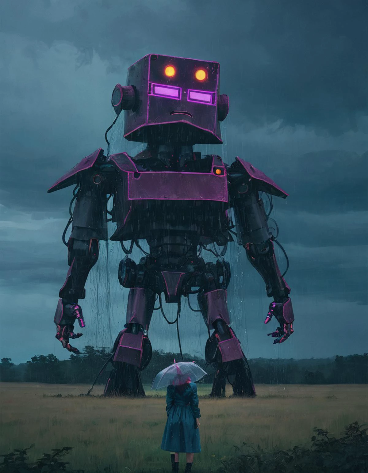블랙라이트 메이크업을 한 SSTA 거대 로봇, 자란 목초지, 호기심 많은 여자, 와이드 샷, 비, 폭풍, 조명이 드라마틱한 분위기를 연출   
