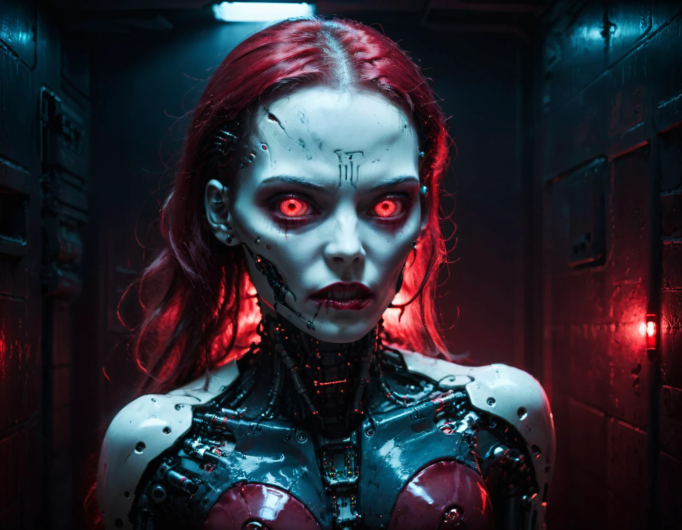 style de film de vampire cinématographique ssta belle cyborg féminine séduisante se cachant dans une pièce sombre, yeux brillants, thème de couleur rouge, atmosphère menaçante 