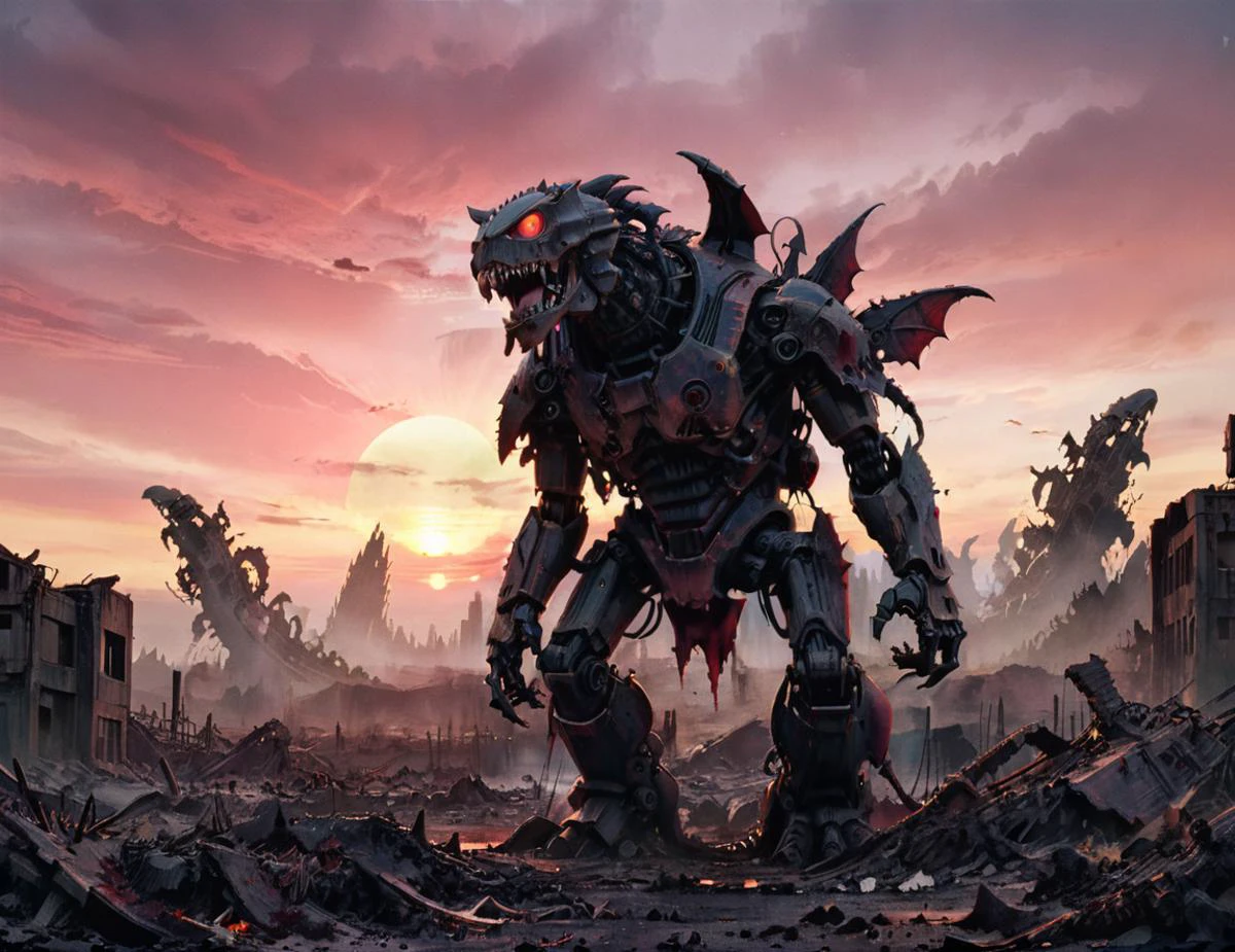 ssta filmischer Vampirfilm-Stil Roboter Vampir Kaiju, postapokalyptische Landschaft, Sonnenuntergang 