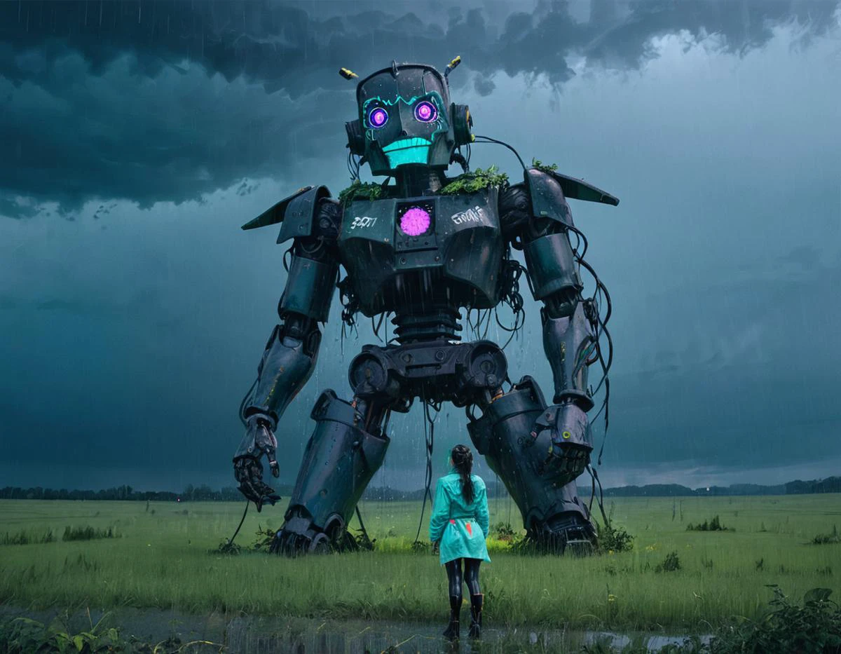 robô gigante ssta com maquiagem blacklight, pasto coberto de vegetação, mulher curiosa, plano amplo, chuva, Tempestade, a iluminação cria uma atmosfera dramática   